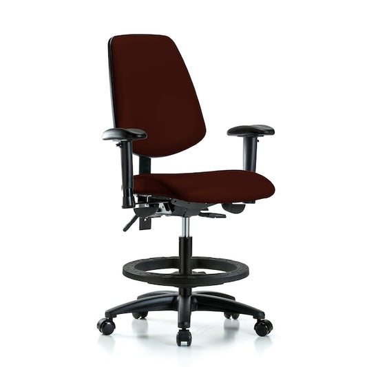 Blue Ridge Ergonomics VMBCH-MB-RG-T1-A1-BF-RC-8569 Rutledge Vinyl Chair - Medium Bench Height with Medium Back, Seat Tilt, Adjustable Arms, Black Foot Ring, & Casters in Burgundy Trailblazer™ Vinyl