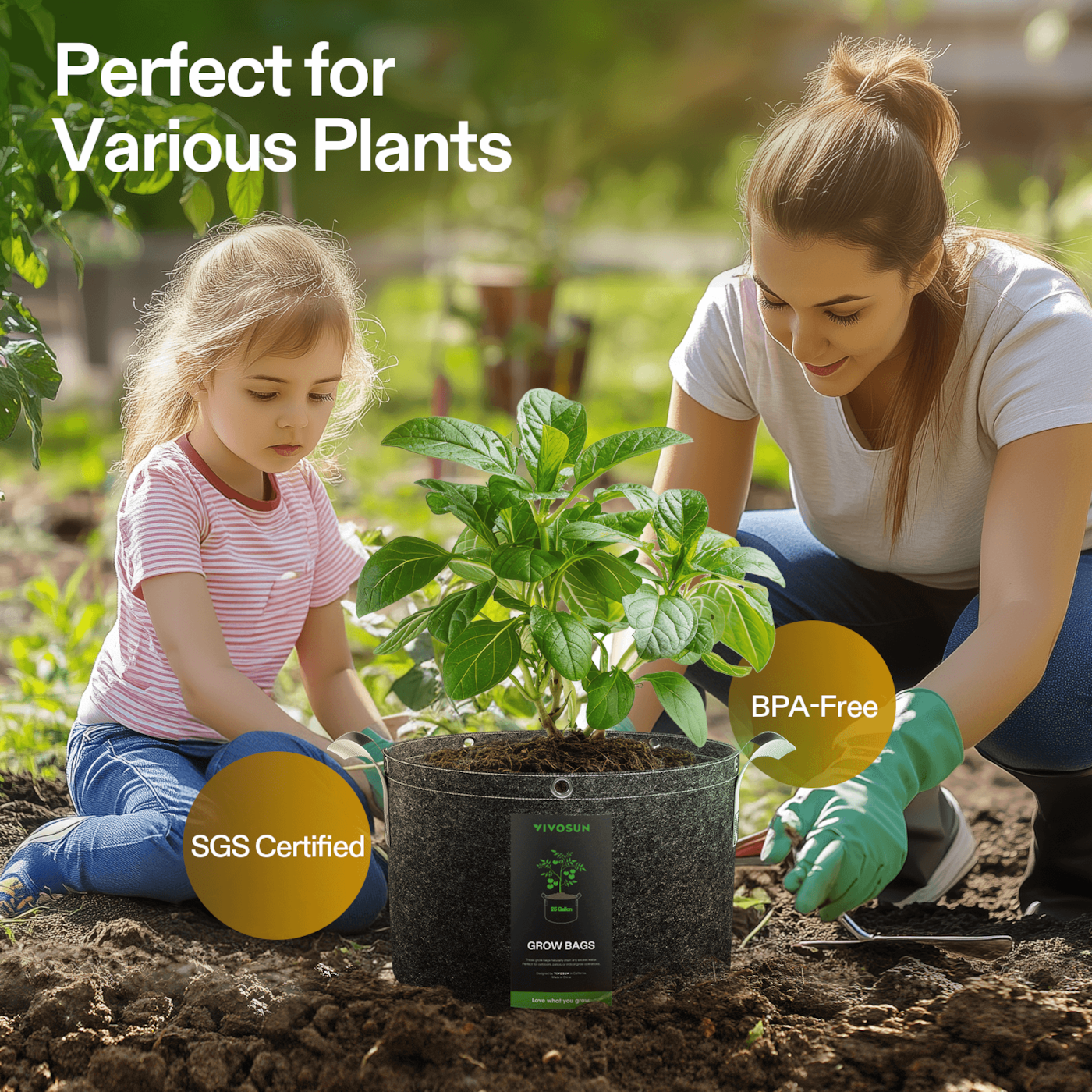 Vivosun 25 Gallon Grow Bags 5-Pack Black Thickened Nonwoven Fabric Pots with Handles, Multi-Purpose Rings