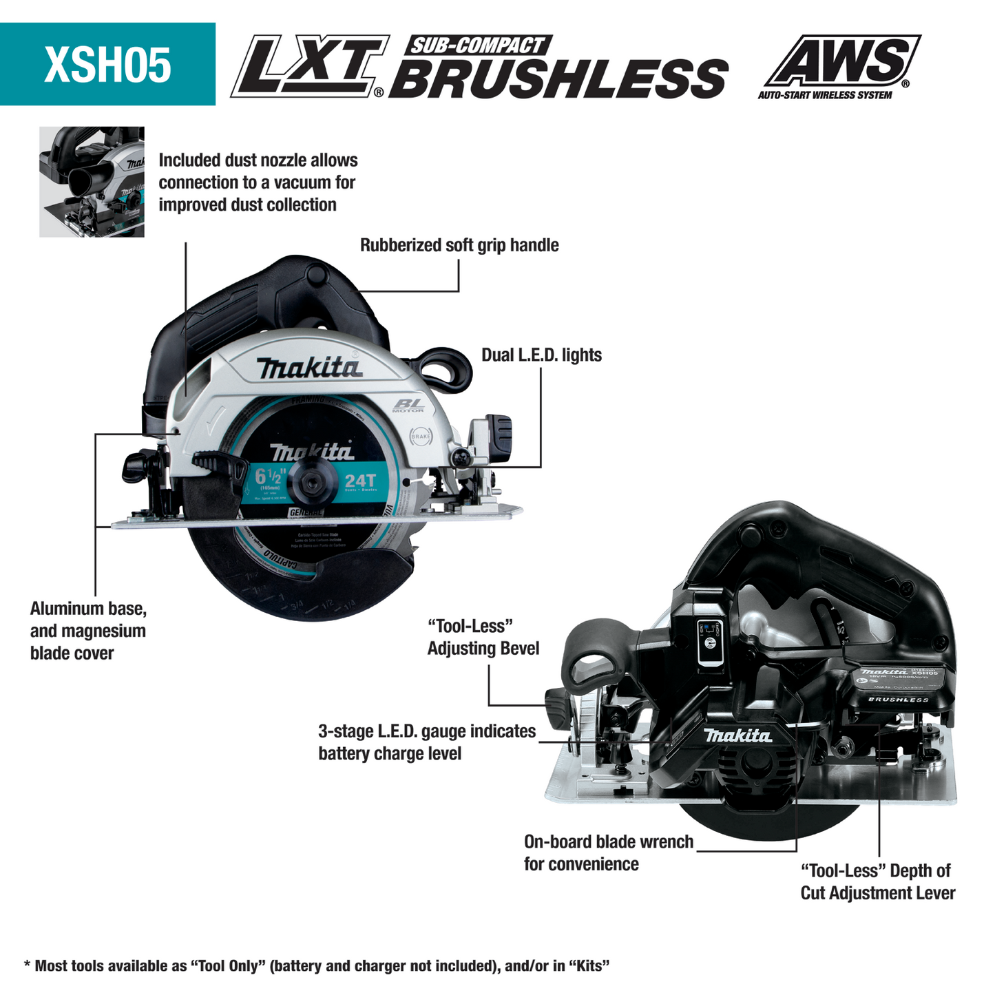 Makita XSH05ZB 18V LXT® Lithium‘Ion Sub‘Compact Brushless Cordless 6‘1/2 Circular Saw, AWS® Capable, Tool Only