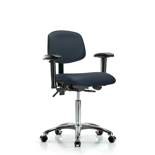 Blue Ridge Ergonomics VMBCH-CR-T1-A1-NF-CC-8582 Rutledge Vinyl Chair Chrome - Medium Bench Height with Seat Tilt, Adjustable Arms, & Casters in Imperial Blue Trailblazer™ Vinyl