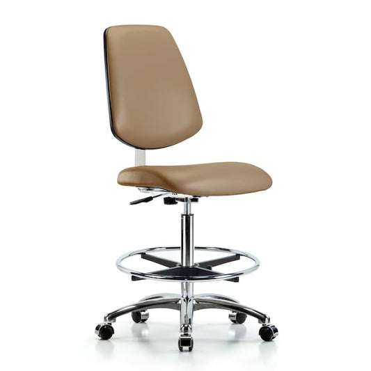 Blue Ridge Ergonomics CLR-VHBCH-MB-CR-CF-CC-8584 Class 10 Clean Room Vinyl Chair Chrome - High Bench Height with Medium Back, Chrome Foot Ring, & Casters in Taupe Trailblazer™ Vinyl