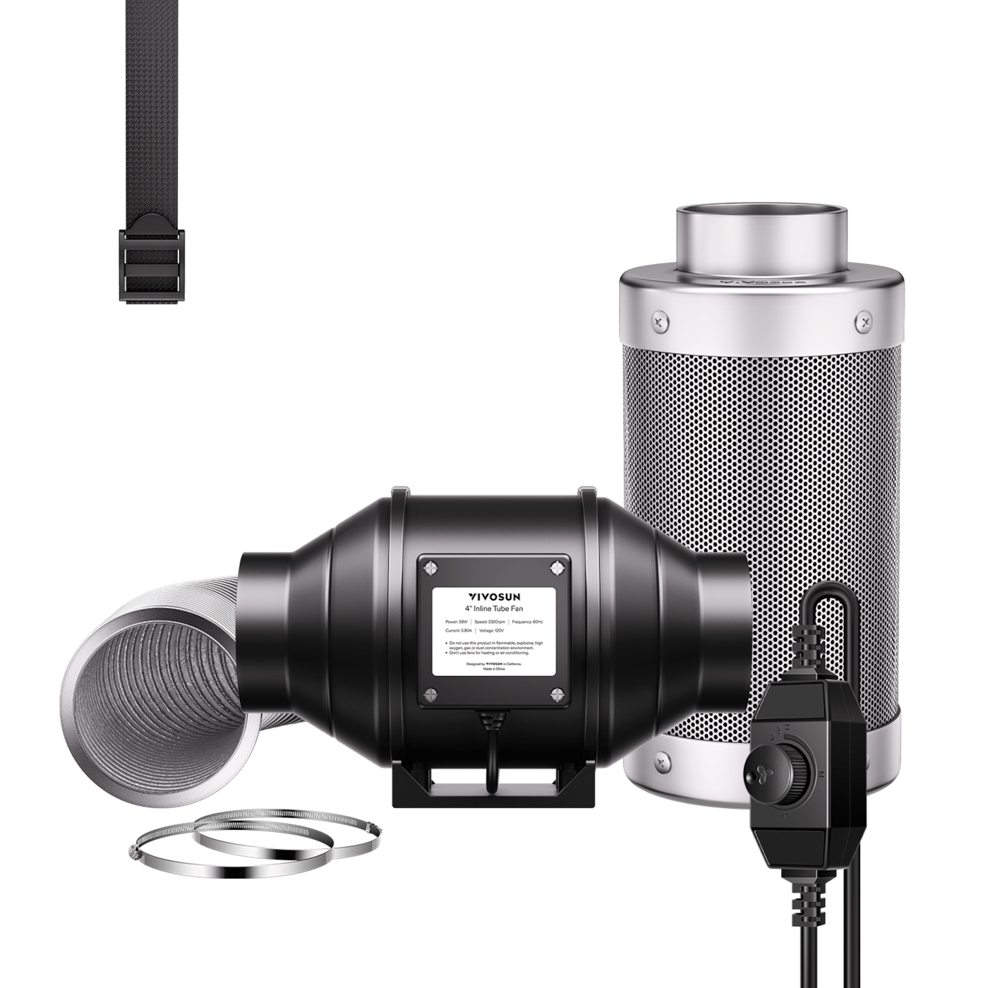 Vivosun Air Filtration Kit R4 4', Inline Fan R4 with Variable Speed Controller, Carbon Filter & Ducting Combo
