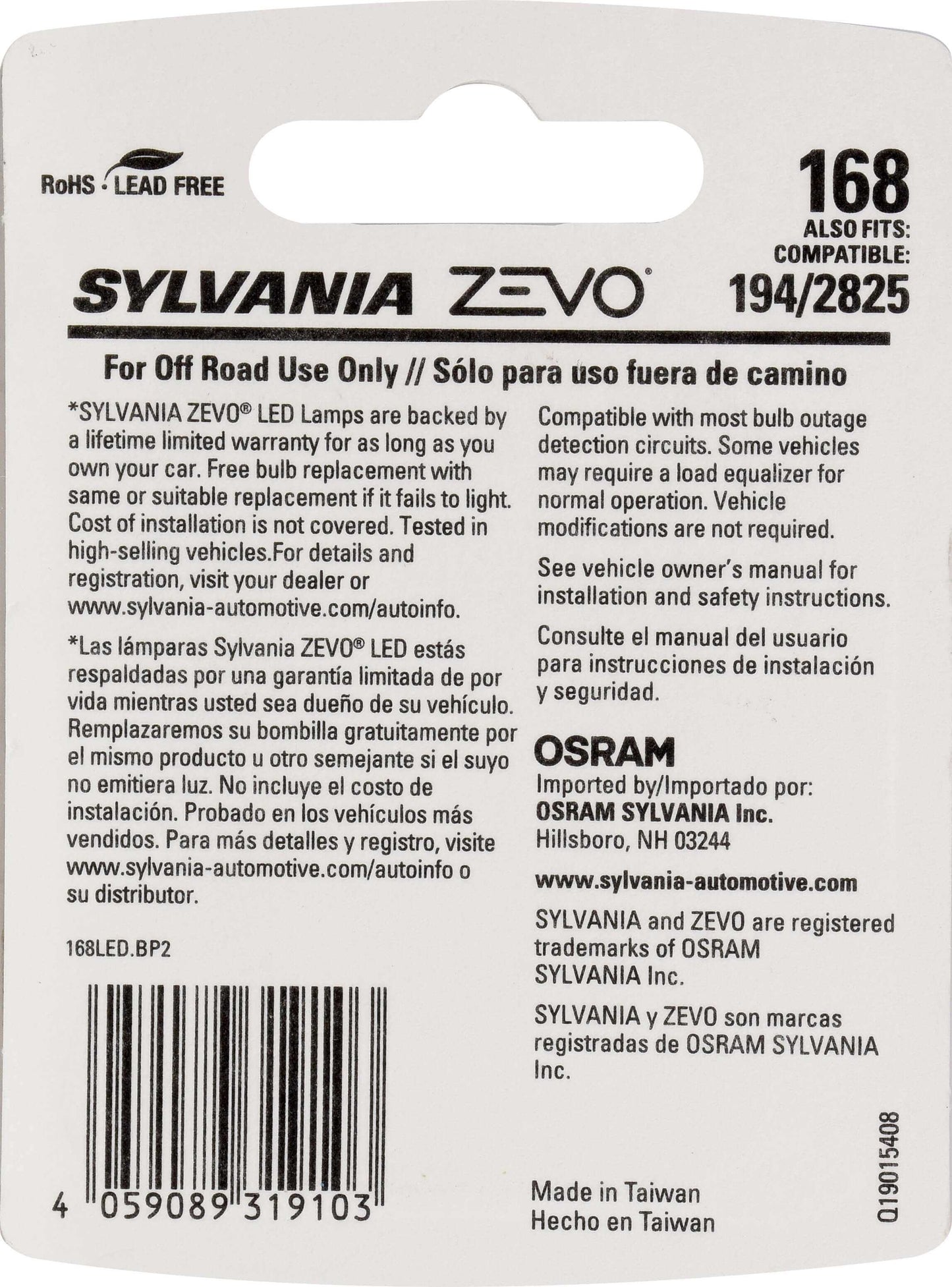 Sylvania Automotive 31910 Sylvania 168 White Zevo Led Mini, 2 Pack