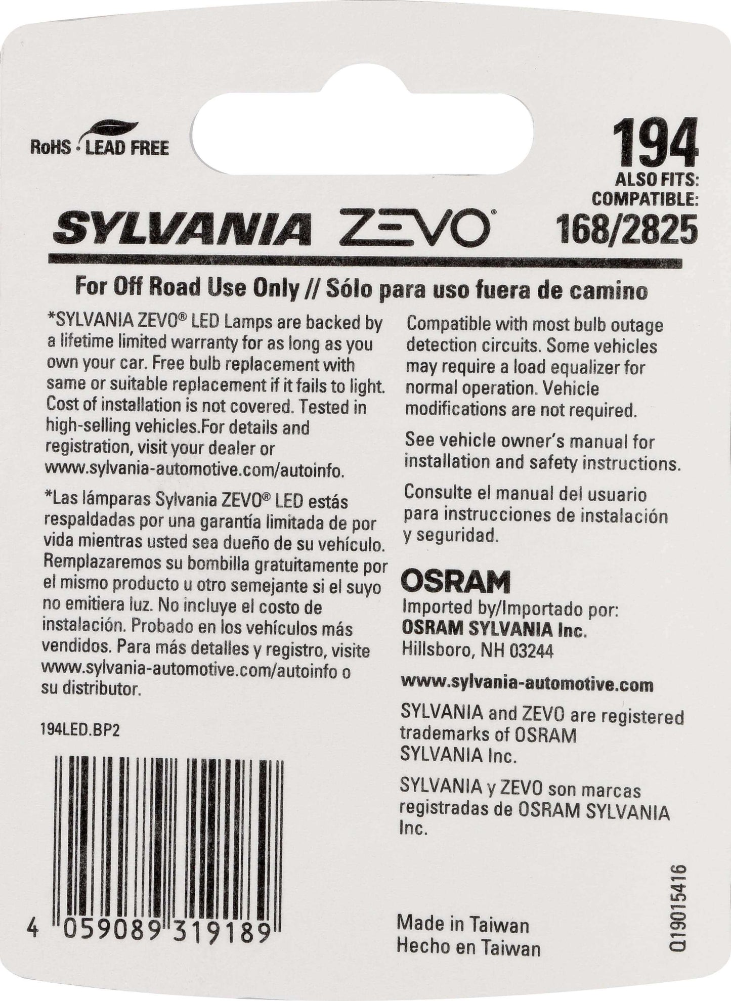 Sylvania Automotive 31918 Sylvania 194 White Zevo Led Mini, 2 Pack