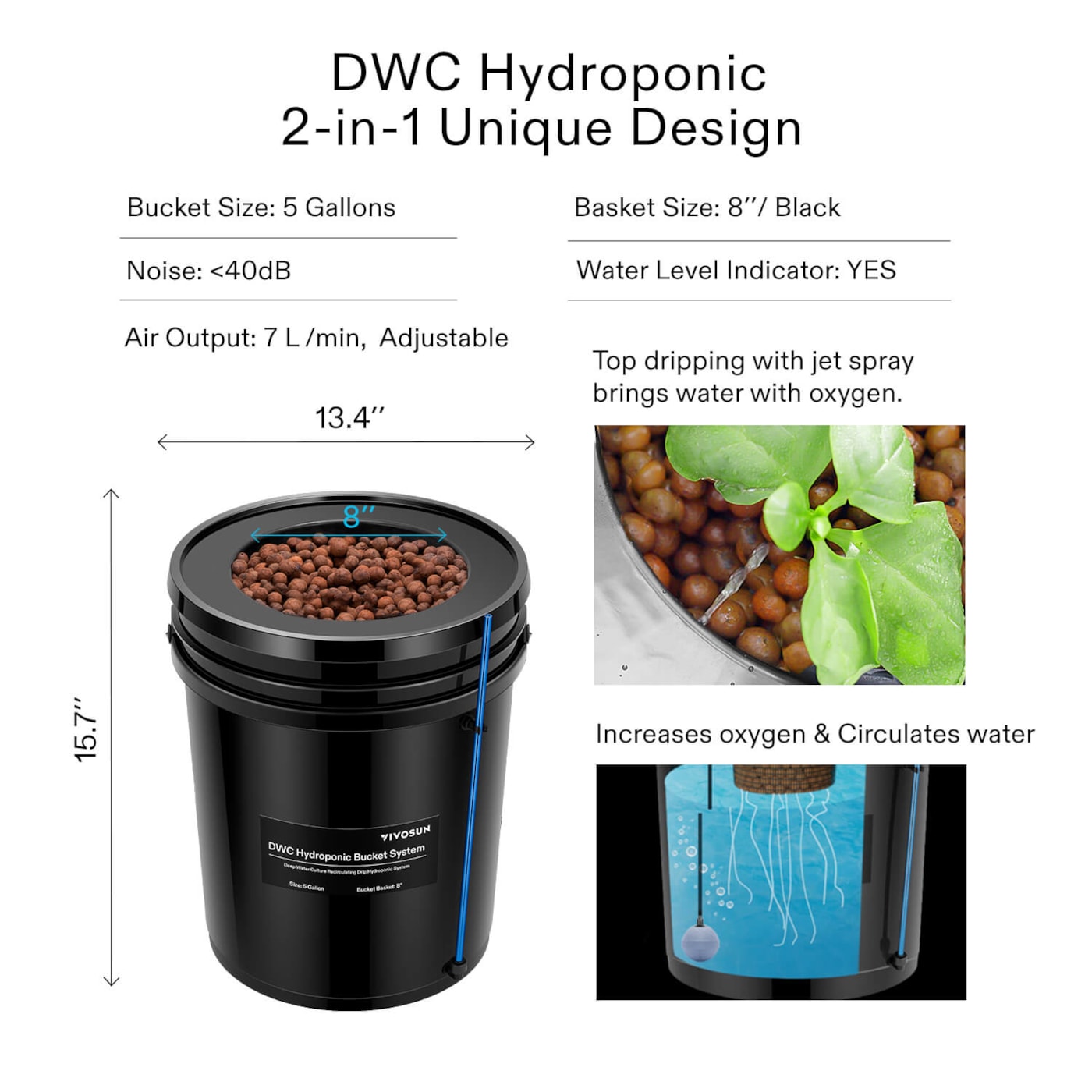 Vivosun 5 Gallon DWC Hydroponic System Kit (1 Bucket, Black)
