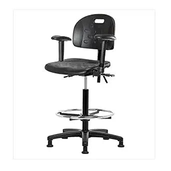Blue Ridge Ergonomics HPHBCH-RG-T0-A1-CF-RG-BLK Newport Industrial Polyurethane Chair - High Bench Height with Adjustable Arms, Chrome Foot Ring, & Stationary Glides in Black Polyurethane