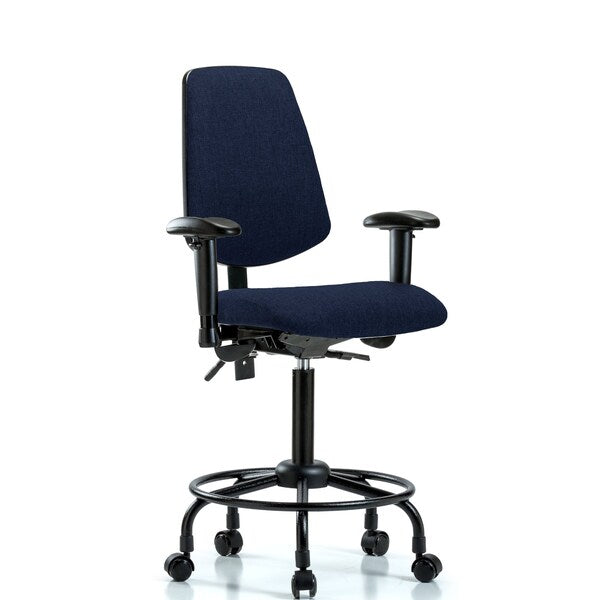Blue Ridge Ergonomics FMBCH-MB-RT-T0-A1-RC-F45 Rutledge Fabric Chair - Medium Bench Height with Round Tube Base, Medium Back, Adjustable Arms, & Casters in Navy Fabric