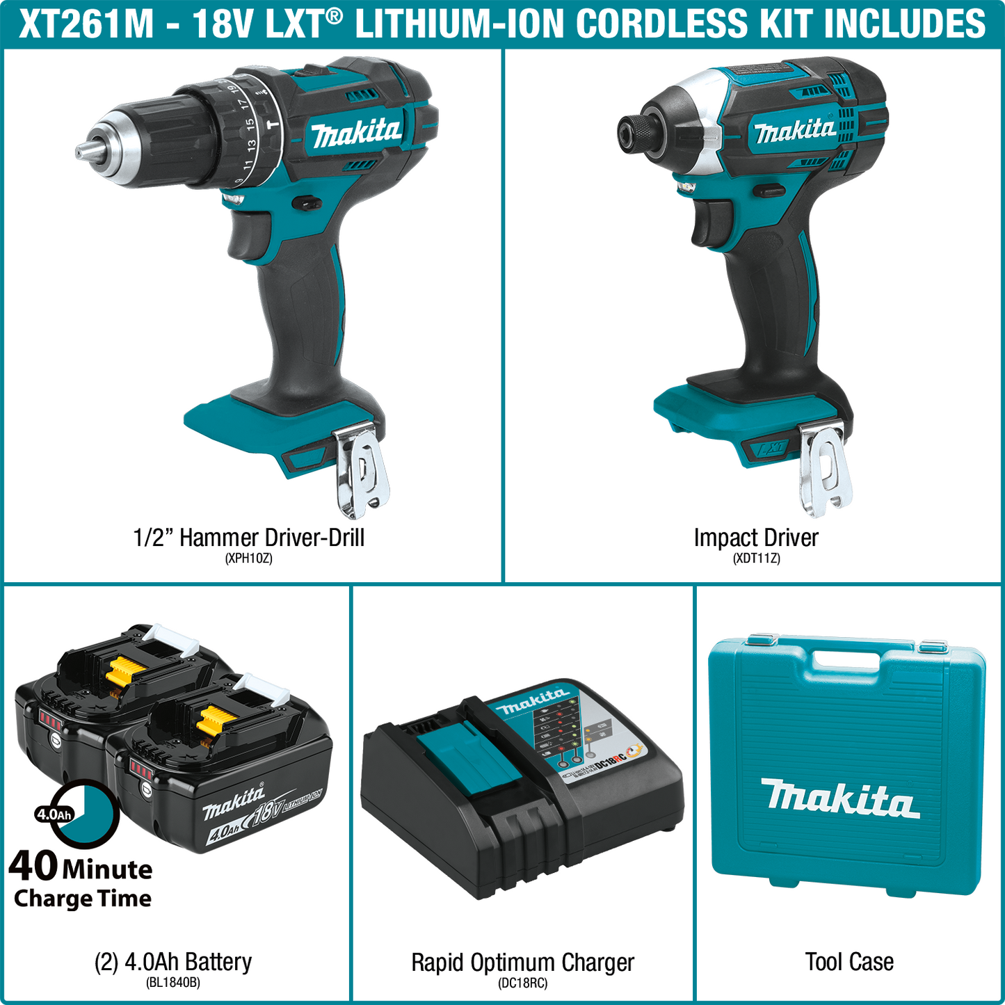 Makita XT261M 18V LXT® Lithium‘Ion Cordless 2‘Pc. Combo Kit (4.0Ah)