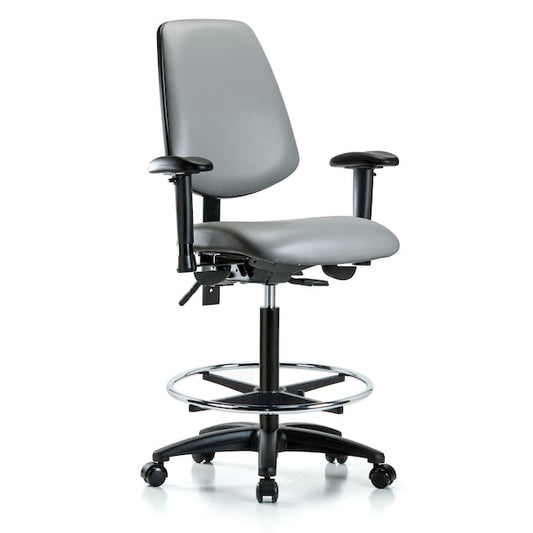 Blue Ridge Ergonomics VMBCH-MB-RG-T0-A1-CF-RG-8840 Rutledge Vinyl Chair - Medium Bench Height with Medium Back, Adjustable Arms, Chrome Foot Ring, & Stationary Glides in Sterling Supernova™ Vinyl