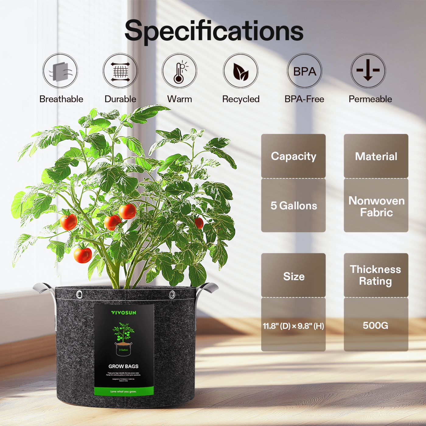 Vivosun 5 Gallon Grow Bags 5-Pack Black Thickened Nonwoven Fabric Pots with Handles, Multi-Purpose Rings