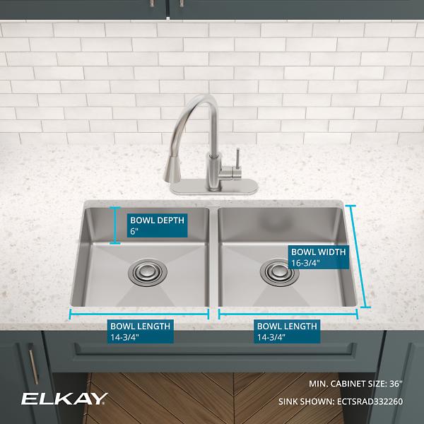 Elkay ECTSRAD3322600 Crosstown® 18 Gauge Stainless Steel 33" x 22" x 6", Equal 0-Hole Double Bowl Dual Mount ADA Sink