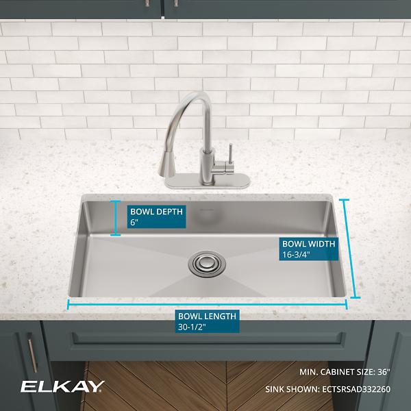 Elkay ECTSRSAD3322600 Crosstown® 18 Gauge Stainless Steel 33" x 22" x 6" 0-Hole Single Bowl Dual Mount ADA Sink