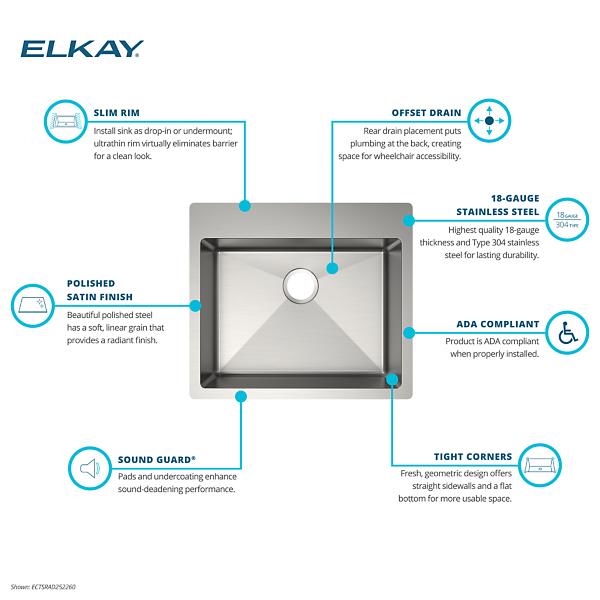 Elkay ECTSRAD252260X Crosstown® 18 Gauge Stainless Steel 25" x 22" x 6" Custom Hole Single Bowl Dual Mount ADA Sink