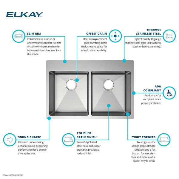 Elkay ECTSRAD3322600 Crosstown® 18 Gauge Stainless Steel 33" x 22" x 6", Equal 0-Hole Double Bowl Dual Mount ADA Sink