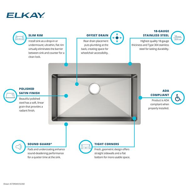 Elkay ECTSRSAD3322600 Crosstown® 18 Gauge Stainless Steel 33" x 22" x 6" 0-Hole Single Bowl Dual Mount ADA Sink