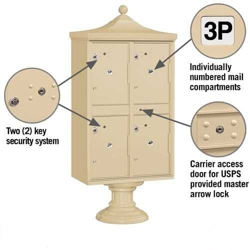 Mailboxes 3304R-SAN-U Salsbury Regency Decorative Outdoor Parcel Locker with 4 Compartments in Sandstone with USPS Access  Type II