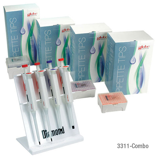 Globe Scientific 3311-COMBO Pipette Kit Diamond PRO Adjustable Volume Pipettors 0.5-10uL 2-20uL 20-200uL 100-1000uL; Sterile Racked Tips 10uL 20uL 200uL 1250uL and 4-Place Stand