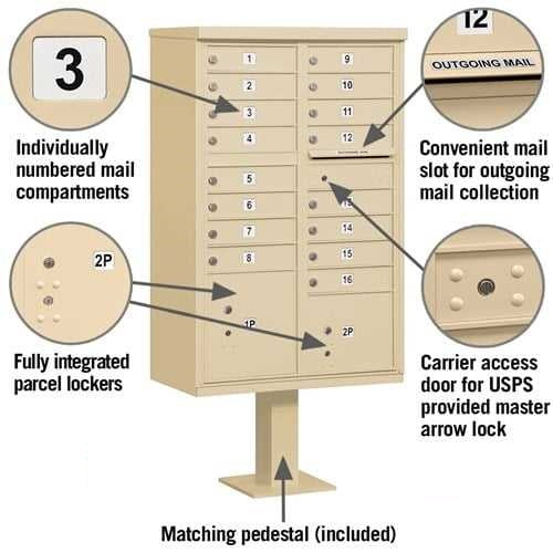 Mailboxes 3316SAN-U Salsbury Cluster Box Unit with 16 Doors and 2 Parcel Lockers in Sandstone with USPS Access  Type III