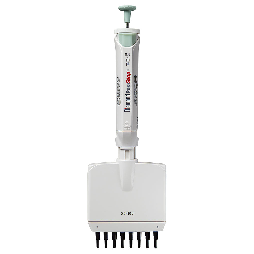 Globe Scientific 3364-10 Pipette Diamond PosiStop Fully Autoclavable 8-Channel Adjustable volume 0.5 - 10ul Red