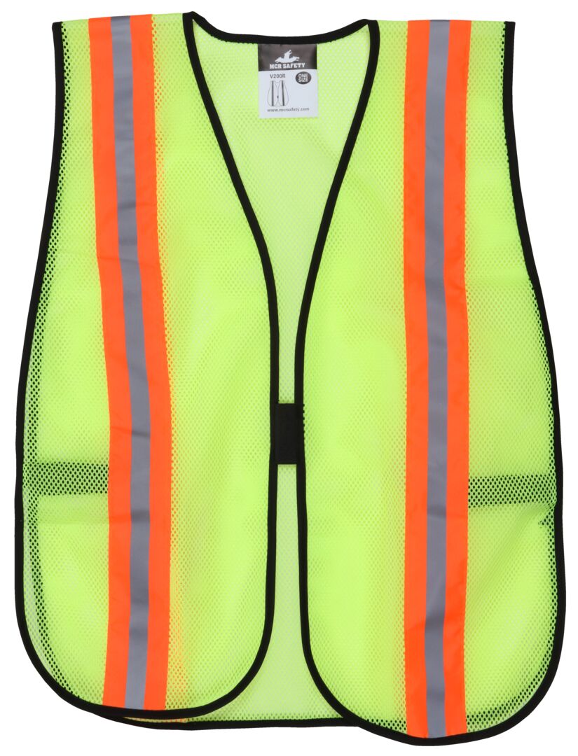 MCR Safety V200R Fluorescent Lime Mesh Safety Vest 2 Inch Orange Silver Reflective Stripes Light Weight Polyester Mesh Fabric General Purpose, Non-ANSI Rated (1 EA)