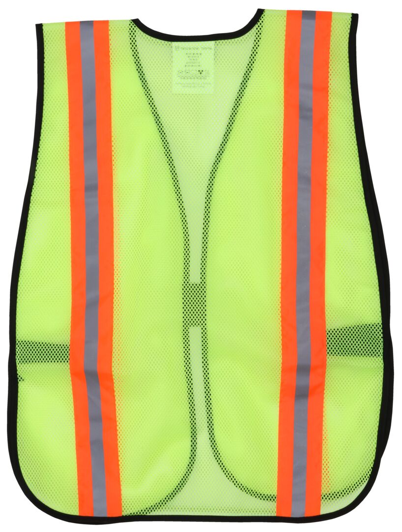 MCR Safety V200R Fluorescent Lime Mesh Safety Vest 2 Inch Orange Silver Reflective Stripes Light Weight Polyester Mesh Fabric General Purpose, Non-ANSI Rated (1 EA)