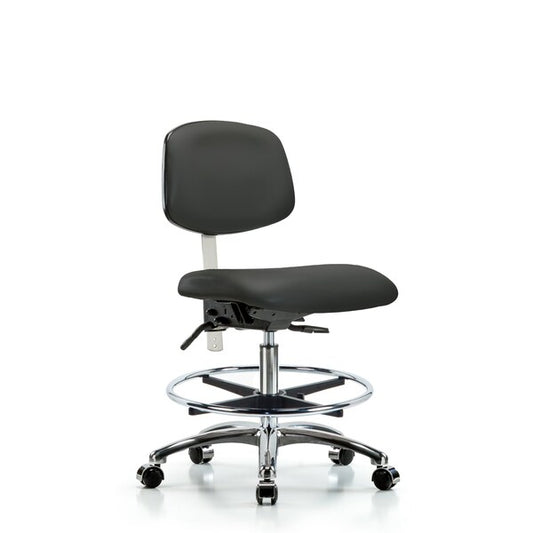 Blue Ridge Ergonomics NCR-VMBCH-CR-T1-A0-CF-CC-8605 Class 100 Vinyl Clean Room Chair - Medium Bench Height with Seat Tilt, Chrome Foot Ring, & Casters in Charcoal Trailblazer™ Vinyl