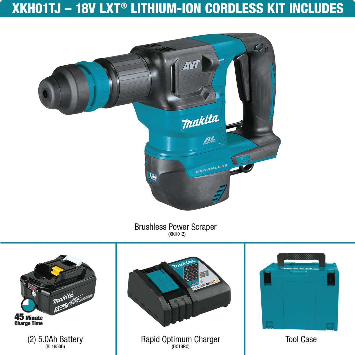 Makita XKH01TJ 18V LXT® Lithium‘Ion Brushless Cordless SDS‘PLUS AVT® Power Scraper Kit (5.0Ah)