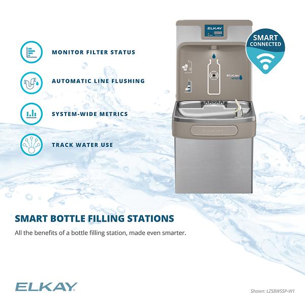 Elkay LZS8WSSP-W1 Enhanced Connected ezH2O® Bottle Filling Station & Single ADA Cooler Refrigerated Stainless High Capacity Lead Reduction Quick Filter Change