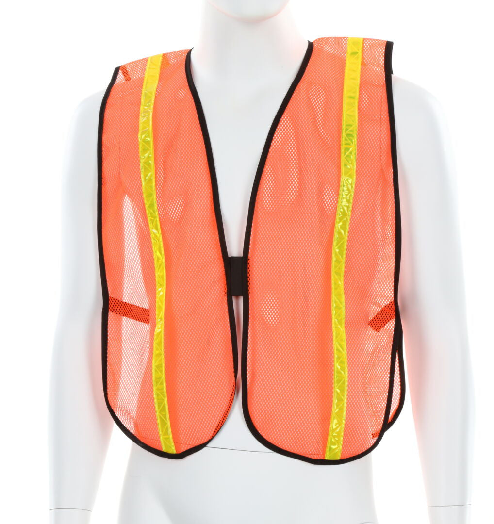 MCR Safety V211R Orange Mesh Safety Vest ¾ Inch Lime Reflective Stripes Light Weight Polyester Mesh Fabric General Purpose, Non-ANSI Rated (1 EA)