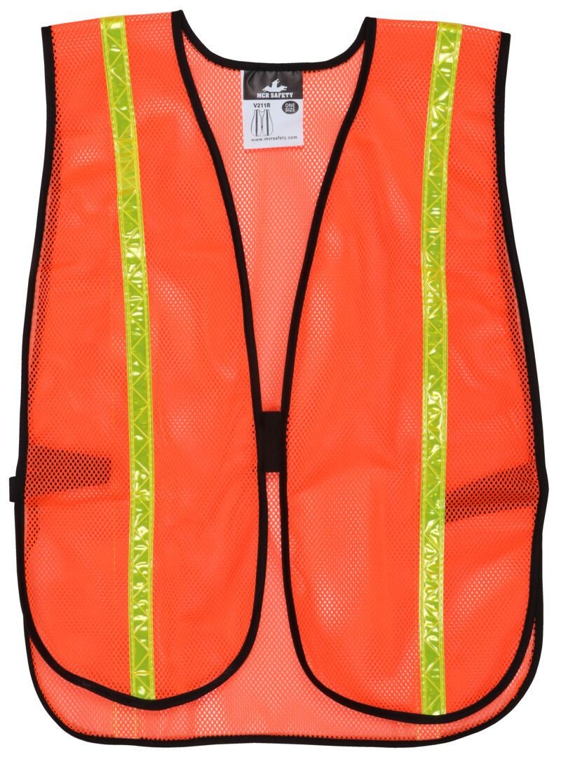 MCR Safety V211R Orange Mesh Safety Vest ¾ Inch Lime Reflective Stripes Light Weight Polyester Mesh Fabric General Purpose, Non-ANSI Rated (1 EA)