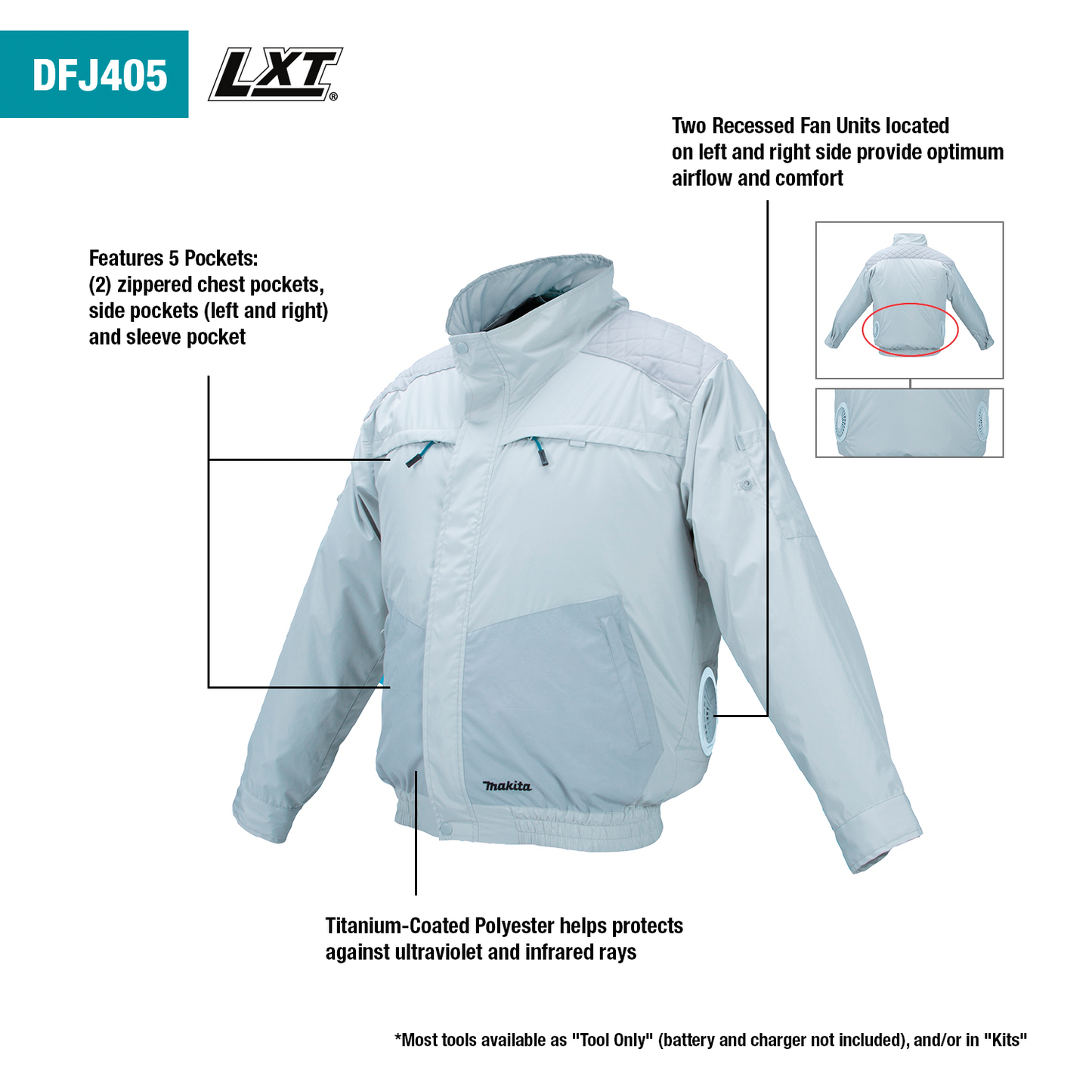 Makita DFJ405ZS 18V LXT® Lithium‘Ion Cordless UV Resistant Fan Jacket, Jacket Only (S)