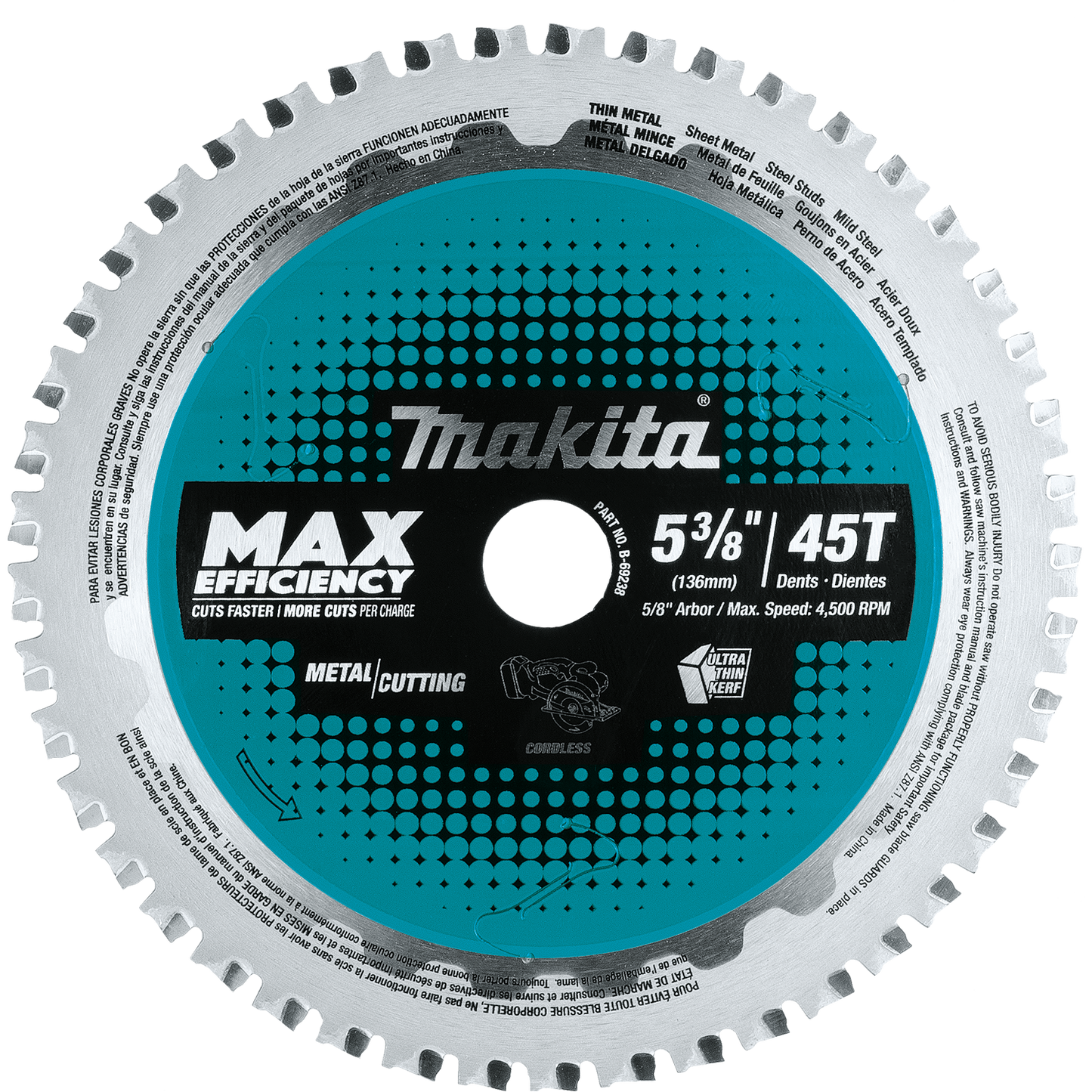 Makita B-69238 5‘3/8" 45T Carbide‘Tipped Max Efficiency Saw Blade, Ferrous Metal‘Thin Gauge