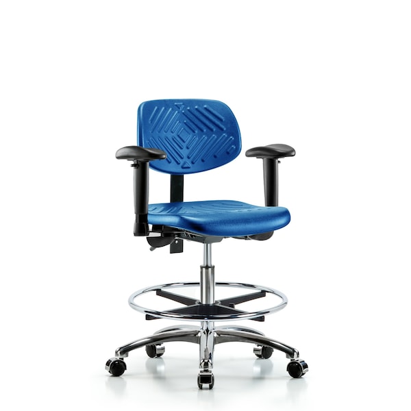 Blue Ridge Ergonomics PMBCH-CR-T0-A1-CF-CC-BLU Polyurethane Chair Chrome - Medium Bench Height with Adjustable Arms, Chrome Foot Ring, & Casters in Blue Polyurethane