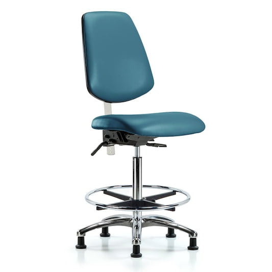 Blue Ridge Ergonomics NCR-VHBCH-MB-CR-T1-A0-CF-RG-8801 Class 100 Vinyl Clean Room Chair - High Bench Height with Medium Back, Seat Tilt, Chrome Foot Ring, & Stationary Glides in Marine Blue Supernova™ Vinyl