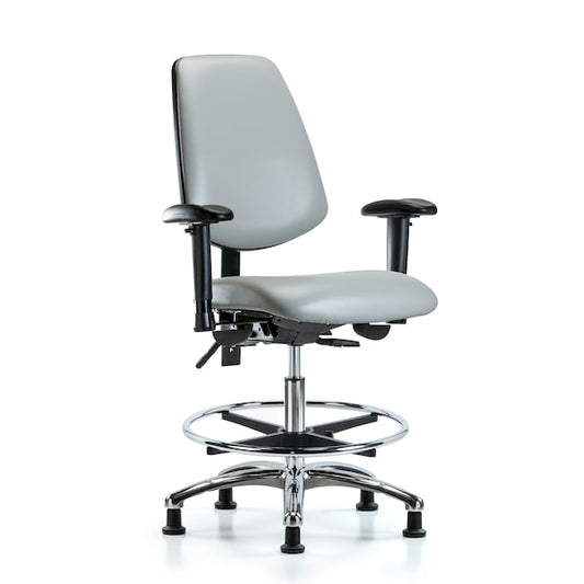 Blue Ridge Ergonomics VMBCH-MB-CR-T1-A1-CF-RG-8567 Rutledge Vinyl Chair Chrome - Medium Bench Height with Medium Back, Seat Tilt, Adjustable Arms, Chrome Foot Ring, & Stationary Glides in Dove Trailblazer™ Vinyl