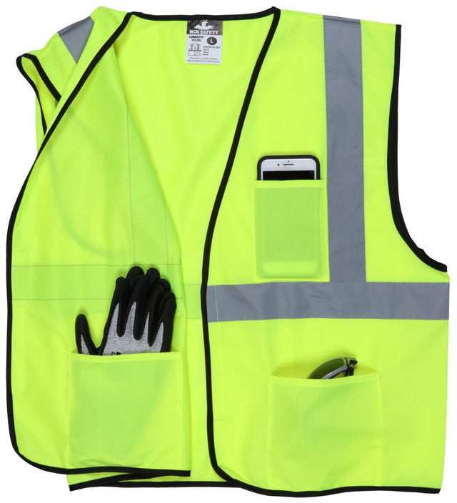 MCR Safety VCL2SLL Luminator® Series Hi-Vis Reflective Lime Safety Vest Meets ANSI/ISEA 107 2020 Standard Type R Class 2 Compliant  Solid Fabric with 2 Inch Silver Stripes Hook and Loop Front Closure (1 EA)