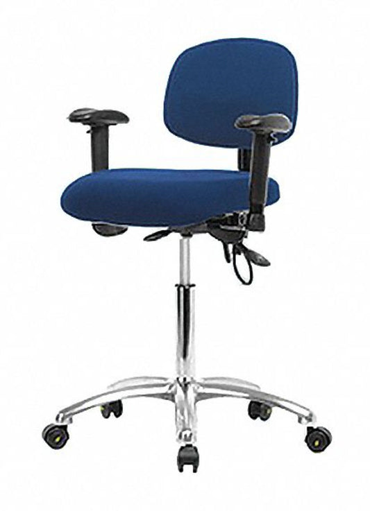 Blue Ridge Ergonomics ESD-FMBCH-CR-T0-A1-NF-EC-ESDBLU Fabric ESD Chair - Medium Bench Height with Adjustable Arms & ESD Casters in ESD Blue Fabric