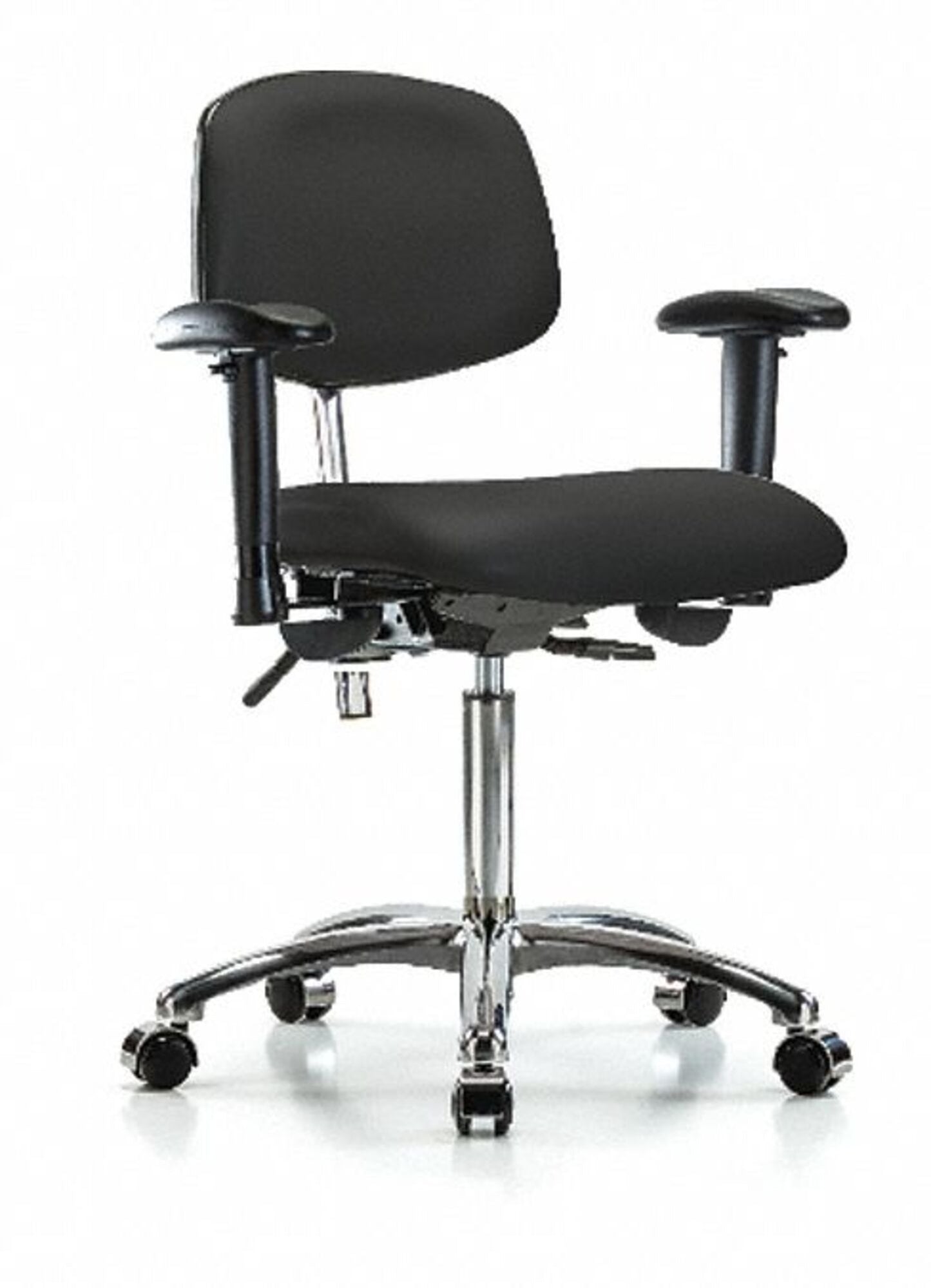 Blue Ridge Ergonomics VMBCH-CR-T0-A1-NF-CC-8540 Rutledge Vinyl Chair Chrome - Medium Bench Height with Adjustable Arms & Casters in Black Trailblazer™ Vinyl