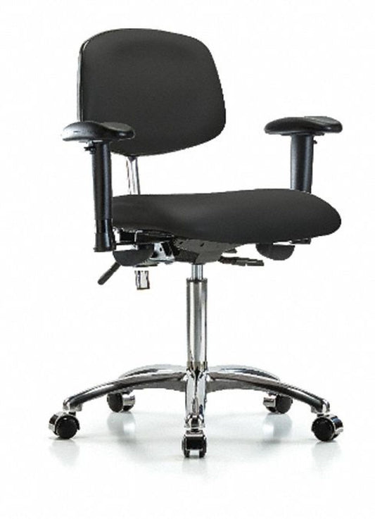 Blue Ridge Ergonomics VMBCH-CR-T0-A1-NF-CC-8540 Rutledge Vinyl Chair Chrome - Medium Bench Height with Adjustable Arms & Casters in Black Trailblazer™ Vinyl