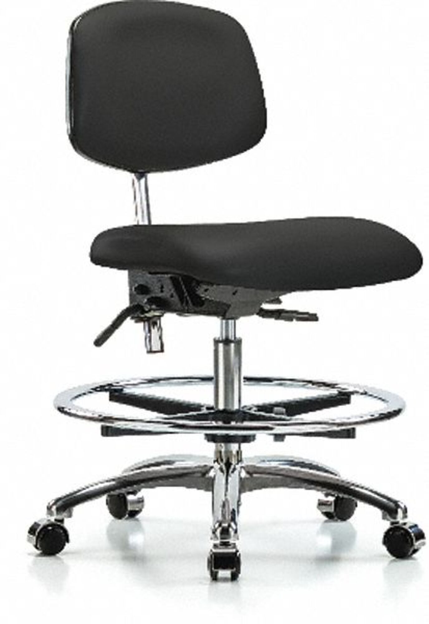 Blue Ridge Ergonomics VMBCH-CR-T0-A0-CF-CC-8540 Rutledge Vinyl Chair Chrome - Medium Bench Height with Chrome Foot Ring & Casters in Black Trailblazer™ Vinyl