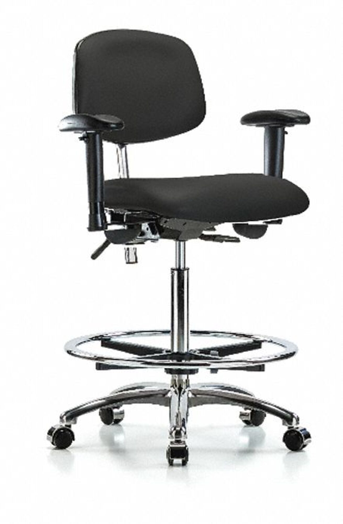Blue Ridge Ergonomics NCR-VHBCH-CR-T1-A1-CF-CC-8540 Class 100 Vinyl Clean Room Chair - High Bench Height with Seat Tilt, Adjustable Arms, Chrome Foot Ring, & Casters in Black Trailblazer™ Vinyl