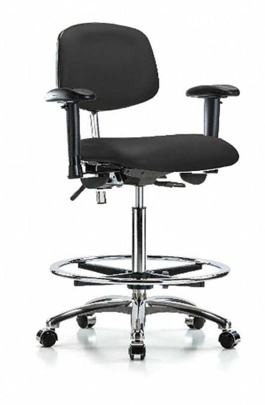 Blue Ridge Ergonomics NCR-VHBCH-CR-T1-A1-CF-CC-8540 Class 100 Vinyl Clean Room Chair - High Bench Height with Seat Tilt, Adjustable Arms, Chrome Foot Ring, & Casters in Black Trailblazer™ Vinyl