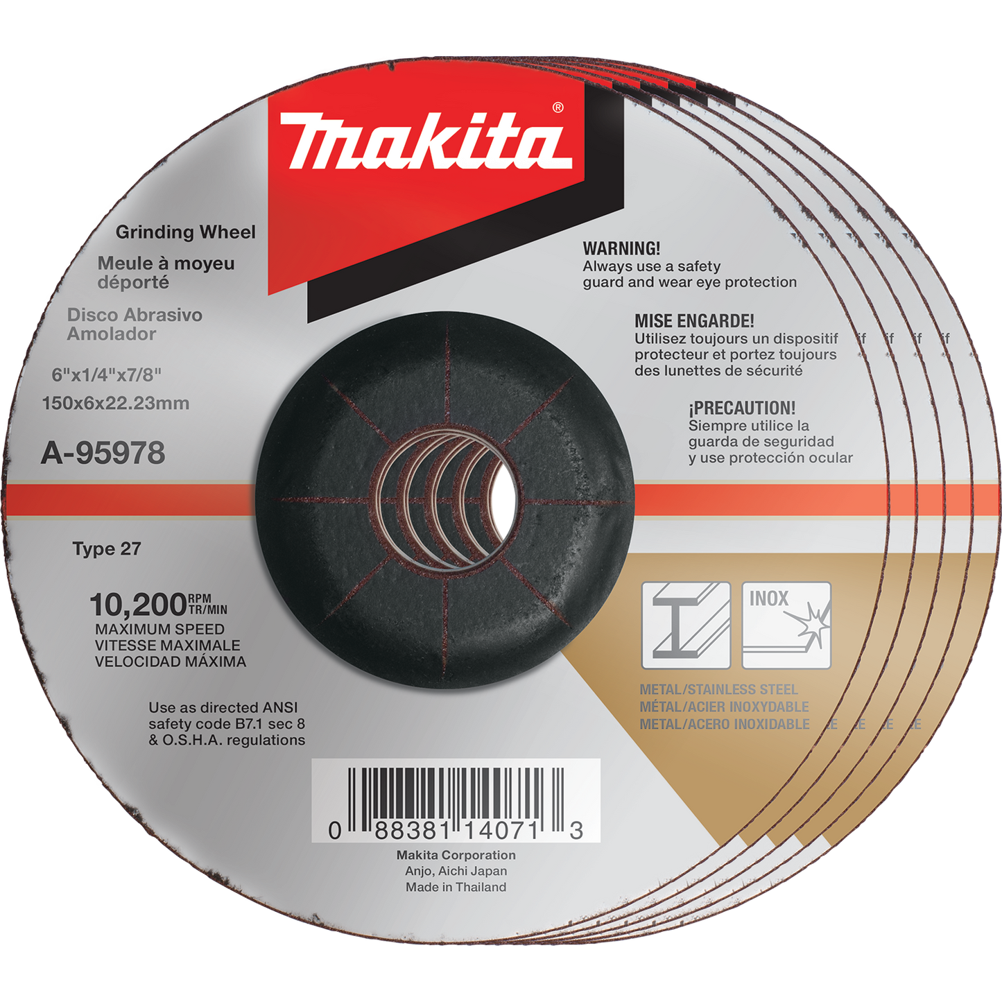 Makita A-95978-5 6" x 1/4" x 7/8" INOX Grinding Wheel, 36 Grit, 5/pk