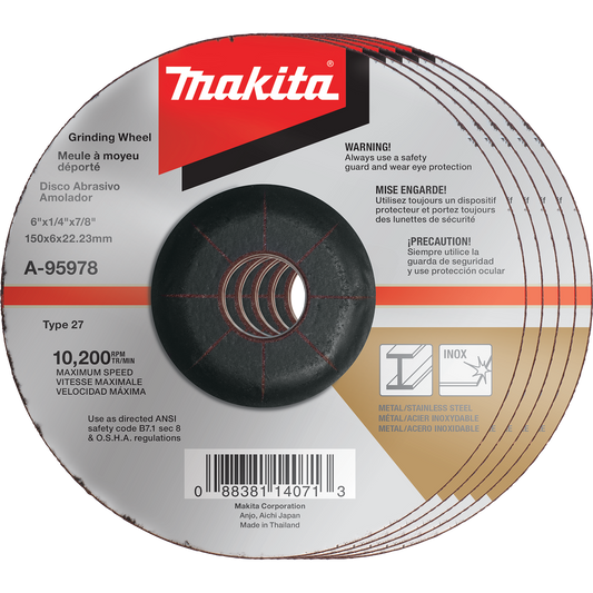 Makita A-95978-5 6" x 1/4" x 7/8" INOX Grinding Wheel, 36 Grit, 5/pk