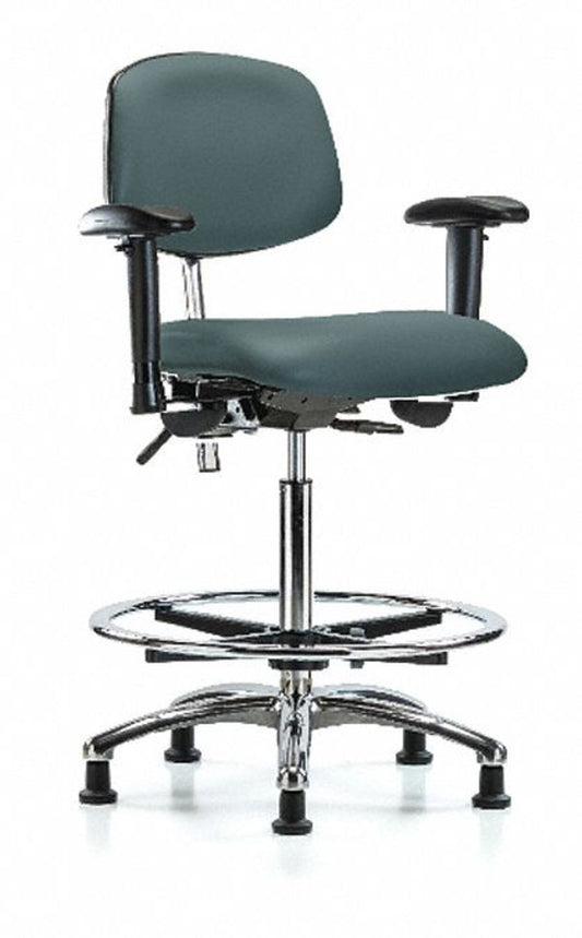 Blue Ridge Ergonomics NCR-VHBCH-CR-T0-A1-CF-RG-8546 Class 100 Vinyl Clean Room Chair - High Bench Height with Adjustable Arms, Chrome Foot Ring, & Stationary Glides in Colonial Blue Trailblazer™ Vinyl