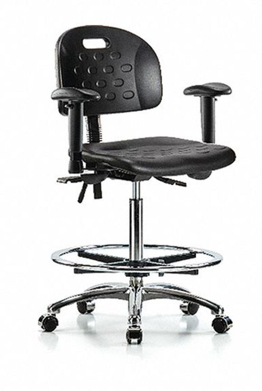 Blue Ridge Ergonomics HPHBCH-CR-T1-A1-CF-CC-BLK Newport Industrial Polyurethane Chair Chrome - High Bench Height with Seat Tilt, Adjustable Arms, Chrome Foot Ring, & Casters in Black Polyurethane