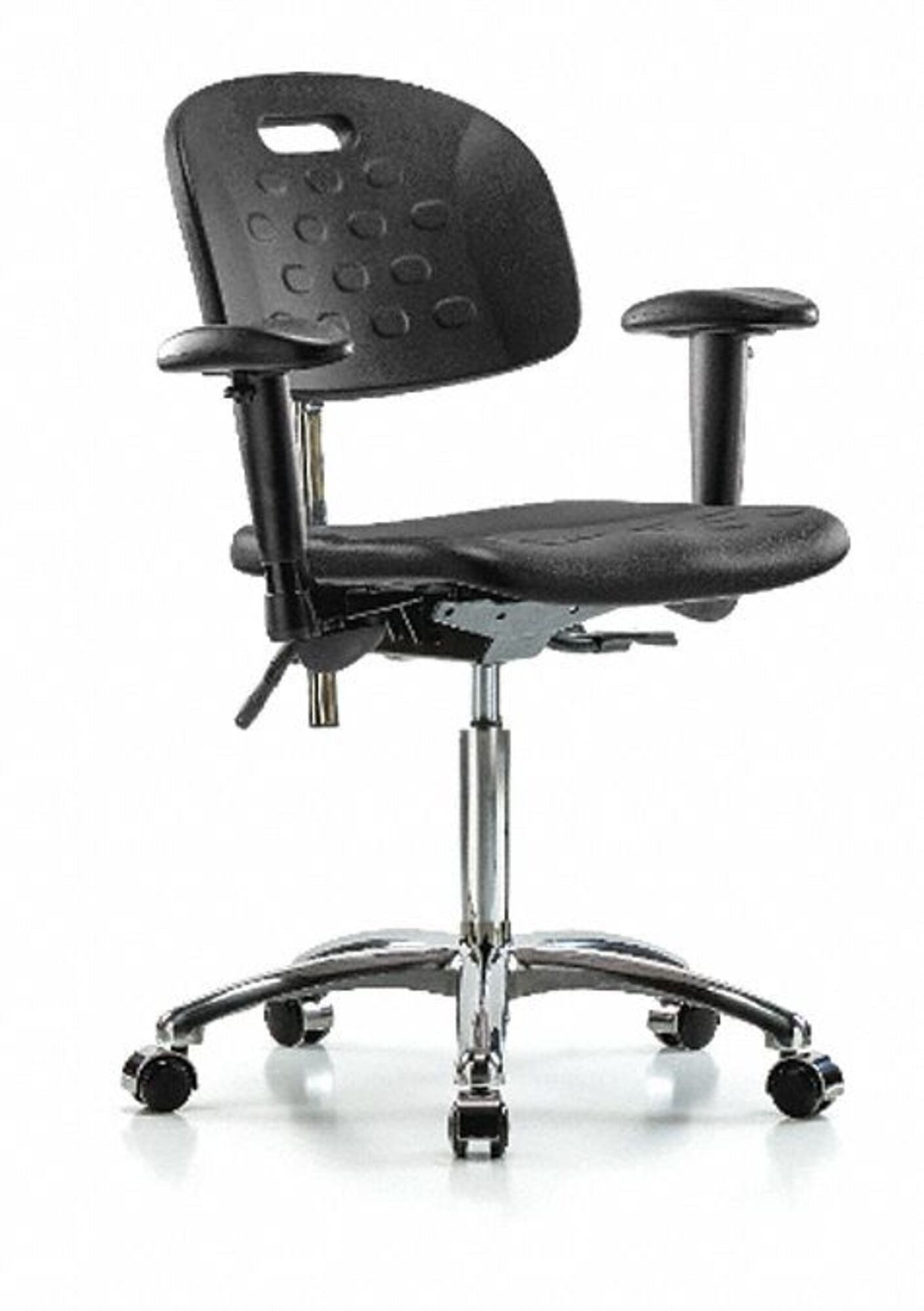 Blue Ridge Ergonomics CLR-HPMBCH-CR-T1-A1-NF-CC-BLK Class 100 Newport Industrial Polyurethane Clean Room Chair - Medium Bench Height with Seat Tilt, Adjustable Arms, & Casters in Black Polyurethane