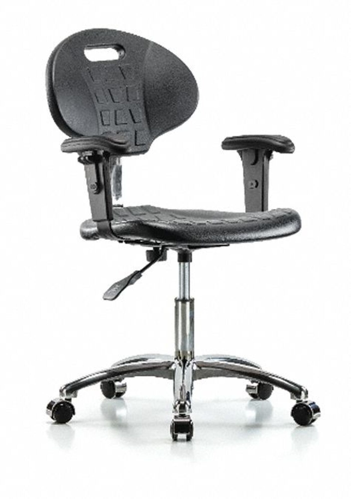 Blue Ridge Ergonomics CLR-TPDHCH-CR-A1-CC-BLK Class 100 Erie Polyurethane Clean Room Chair - Desk Height with Adjustable Arms & Casters in Black Polyurethane