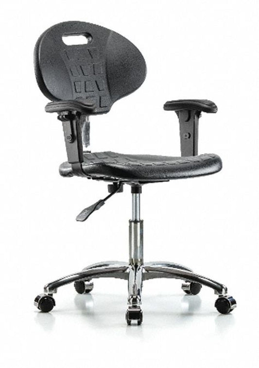 Blue Ridge Ergonomics CLR-TPDHCH-CR-A1-CC-BLK Class 100 Erie Polyurethane Clean Room Chair - Desk Height with Adjustable Arms & Casters in Black Polyurethane