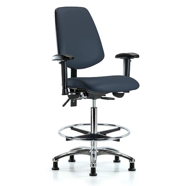 Blue Ridge Ergonomics VHBCH-MB-CR-T1-A1-CF-RG-8582 Rutledge Vinyl Chair Chrome - High Bench Height with Medium Back, Seat Tilt, Adjustable Arms, Chrome Foot Ring, & Stationary Glides in Imperial Blue Trailblazer™ Vinyl
